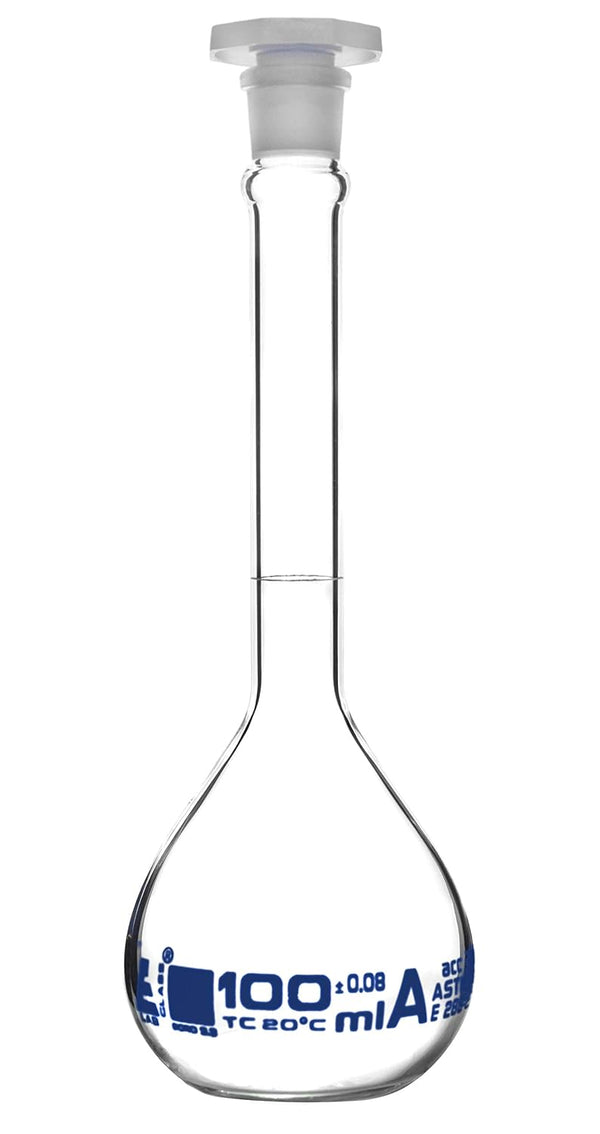 EISCO Volumetric Flask, 100ml - Class A, ASTM - Tolerance ±0.08ml - Polypropylene Stopper - Single, White Graduation - Borosilicate Glass