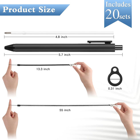 Tatuo 20 Set Anti Lost Lanyard with Black Ballpoint Pen, Safety Clip, Coil Lanyard (Extends to 55 Inch) & Soft Silicone