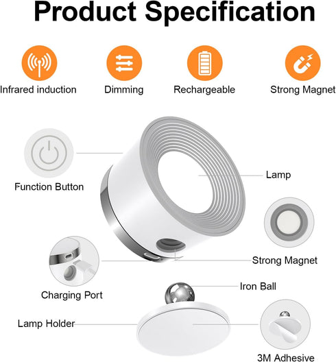 2Pcs, 3500mAh 360 3 Moobibear Motion Sensor Wall Light Indoor Rechargeable Battery Operated LED Wall Light, Wall Lamp