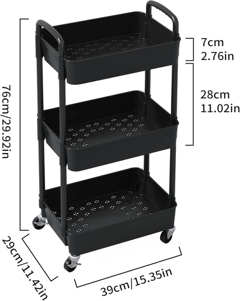 Sywhitta 3-Tier Black Plastic Rolling Utility Cart with Handle, Movable Storage Trolley for Office, Kitchen, Living Room