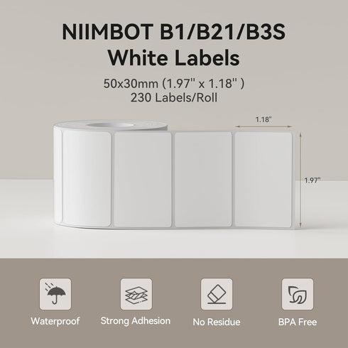 NIIMBOT Label Tape for B1/B21/B3S, 1.97'' x 1.18'' (50x30mm), 230 Labels/Roll for Small Business, White