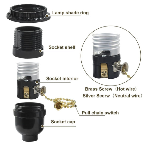Aoserge 1 Pack E26 Threaded Lamp Socket Replacement with Pull Chain - Robust Aluminum Base Light Socket for Table