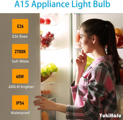 YukiHalu A15 Appliance Light Bulb, 60W Equivalent, 600 Lumens, 7W 120V, 2700k Soft White, Waterproof, E26 Base, 2-Pack