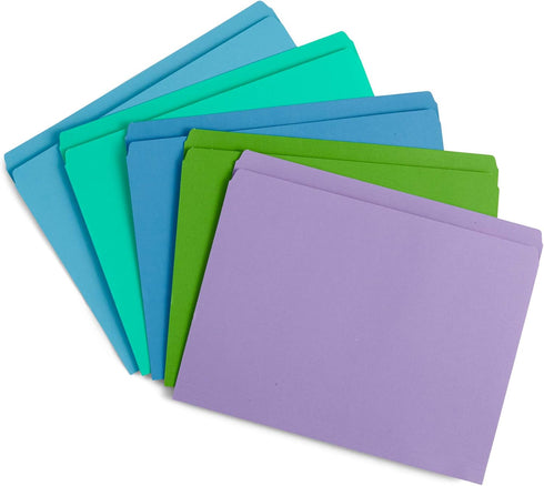 Blue Summit Supplies 100 Pack Straight Cut File Folders, Assorted Blue, Green, Purple, Letter Size, Single Tab