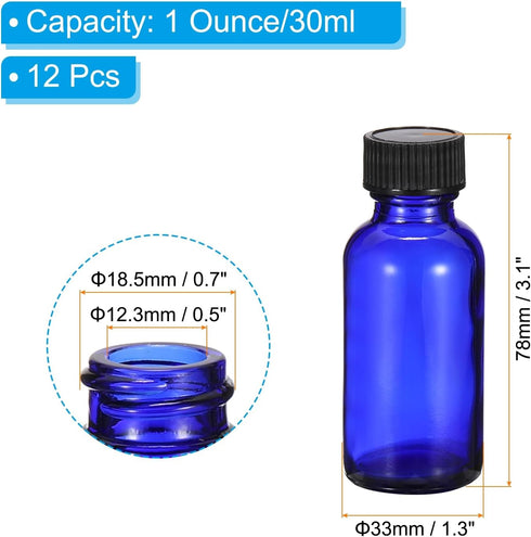 PATIKIL 1oz(30ml) Glass Sample Bottles, 12Pcs Round Bottle Dispensing Bottles with Black Poly Cone Cap for Reagent Liquids, Essential Oils, Perfume, Blue by PATIKIL