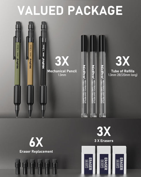 Nicpro 3 PCS 1.3 mm Mechanical Pencil Set, 3 Colors with 36 Lead Refill, Heavy Duty Carpenter Pencil