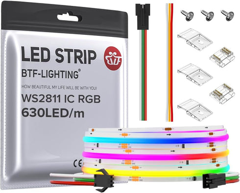 BTF-LIGHTING FCOB WS2811 IC RGB COB LED Strip 9.8FT DC24V 630LED/m Flexible