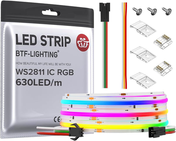 BTF-LIGHTING FCOB WS2811 IC RGB COB LED Strip 9.8FT DC24V 630LED/m Flexible