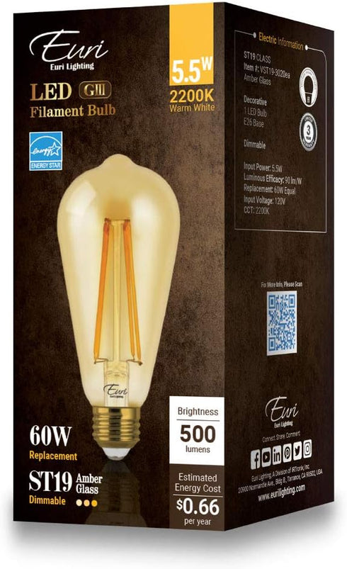 Euri Lighting VST19-3020ea Dimmable LED ST19 Filament Bulb, 5.5W (60W Equivalent), Warm White 2200K, E26, 120V