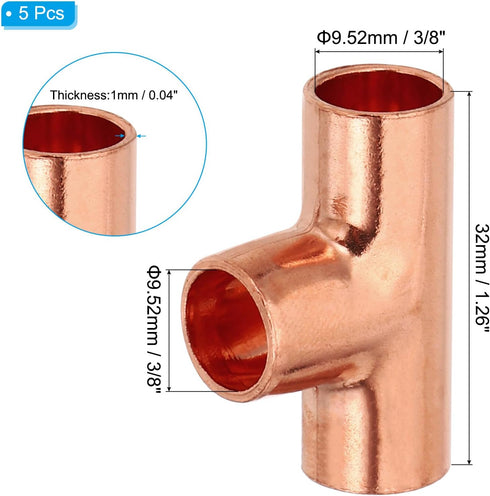 PATIKIL 3/8" ID 1mm Thick Tee Copper Fitting, 5pcs 99.9% 3 Way Pure Copper for Plumbing HVAC