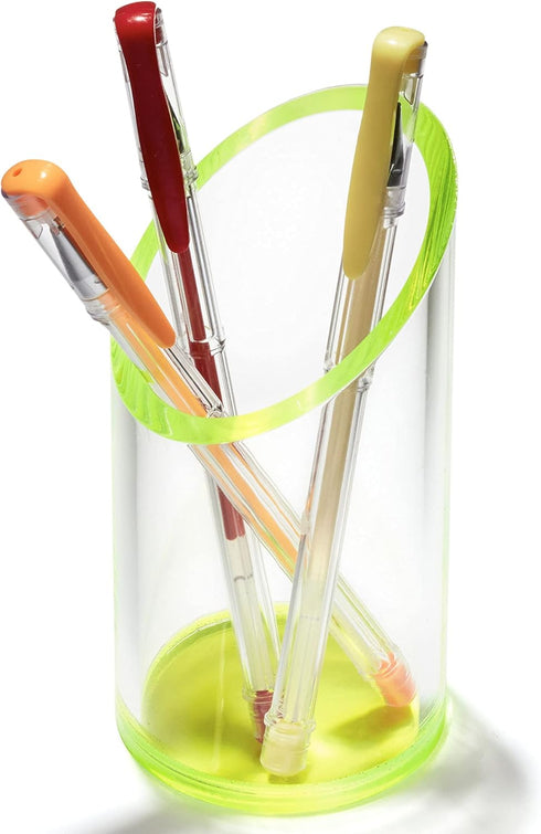 OfficeGoods Acrylic Pen & Pencil Holder - Modern Desk Organizer with Contrasting Base & Rim, Neon Green
