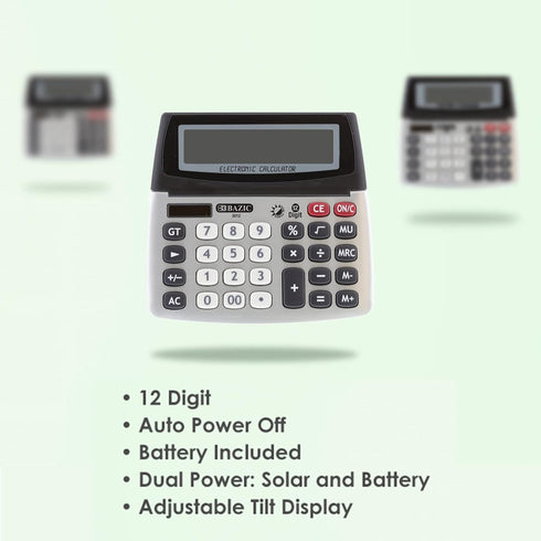 BAZIC 12-Digit Dual Power Desktop Calculator with Adjustable Display, Solar & Battery, LCD Display, 1-Pack