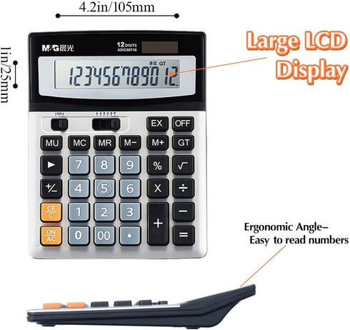 M&G Desk Calculator, 12 Digit Extra Large LCD Display, Dual Solar Power and Battery for Office Home School
