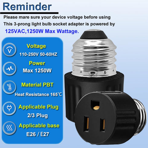 3 Packs 3 Prong Light Socket to Plug Adapter, E26/E27 Light Socket Outlet, Polarized Light Socket Splitter for Garage