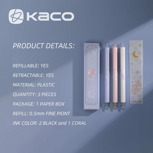 Kaco Gel Pens Cute Stationery 3 Pieces 0.5mm Fine Point, Gifts for Women Kids, Quick Drying Pens for Journaling Aesthetic School Office Supplies, 2 Black Ink and 1 Coral Ink by Kaco