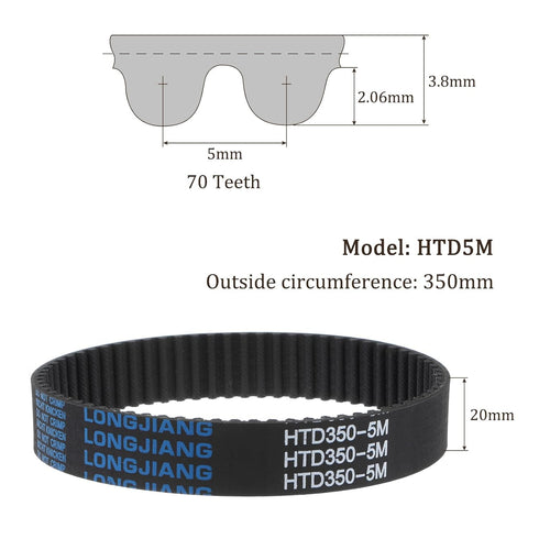 HTD5M-350 Close Loop Pulley Timing Belt, 350mm Length x 20mm Width, High Torque Rubber Belt for 3D Printer CNC