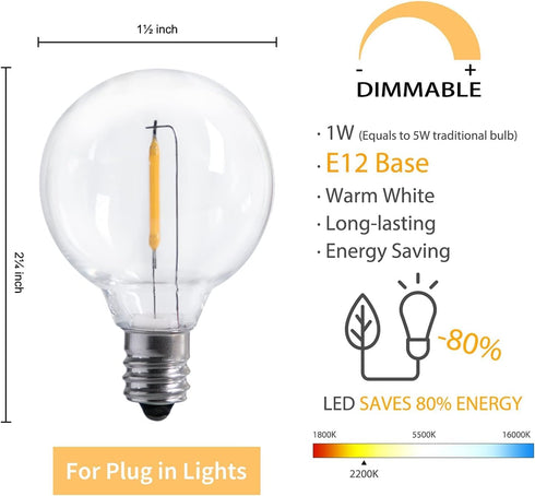 G40 Bulbs 1W Bulb E12 C7 1.5 Inch Dimmable Bulbs, (10Pack 2200k), Led Replacement Light Shatterproof Globe fits