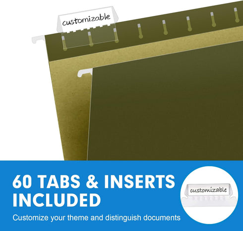 RAZCC 60 Pack Hanging File Folders: Reinforced Letter Size, Designed for Bulky Files, Filing Cabinet, Adjustable Tabs,