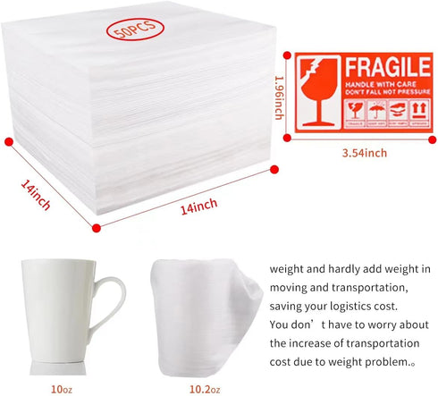 Moving Supplies, 14"x14" 50 Pack Cushion Foam Pouches for Packing Dishes, Glasses, and Cups