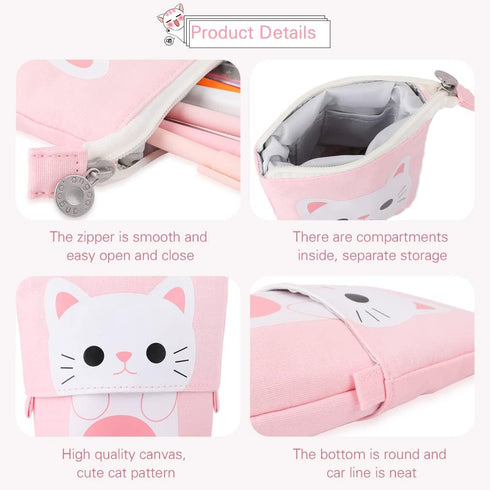 iSuperb Cute Cat Telescopic Pencil Pouch Case with Zipper, Canvas Stationery Box for Kids, 7.5 x 4.9 x 3.0 inch