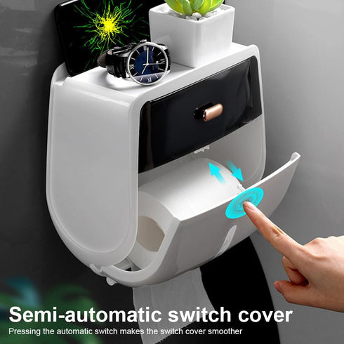 homfanseec Toilet Paper Holder Wall Mount, Self Adhesive Paper Towels Holder with Drawer and Shelf Watertight Tissue