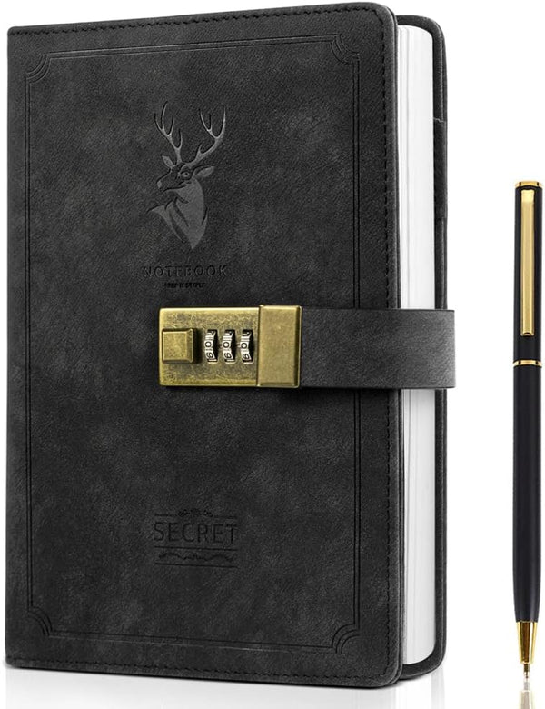 ZukoCert A5 PU Leather Journal with Lock, 240 Pages Retro Diary, Black Deer Head Style, Unisex