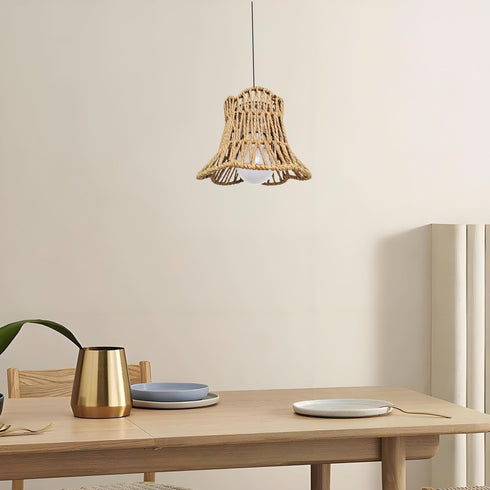 Boho Woven Rattan Pendant Light Shade - Handwoven Paper Rope Bell Shape Lamp Cover | Rustic Farmhouse Lighting Fixture
