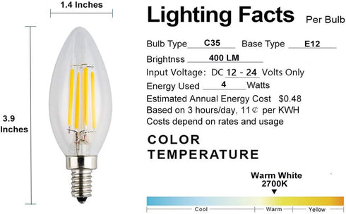 12V/24V DC LED Candle Bulb, Dimmable, 4W 400Lm, 2700K Warm White Light, E12 Small Base, 5 Pack