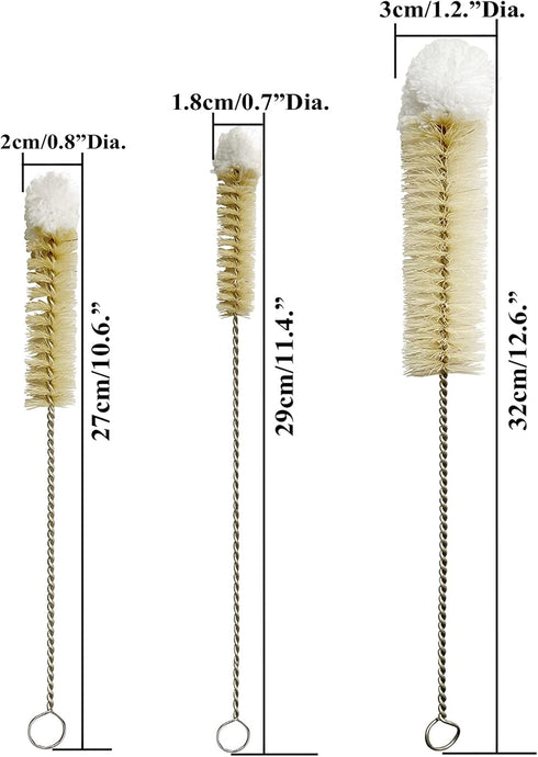 Set (3) NewFerU Stainless Steel Soda Bottle Cleaning Brush in Natural Boar Bristle Wool Tip Long Handle, Flexible