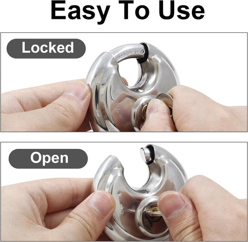 Round Disc Padlock, Heavy Duty Stainless Steel Lock with Key for Storage Units, Garages, and Sheds