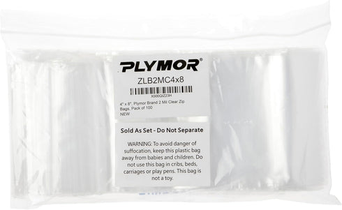 Plymor Zipper Reclosable Plastic Bags, 4" x 8", Pack of 100, 2 Mil