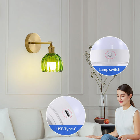 1 Pack, 12 Inch Vintage Battery Operated Wall Sconce Green Tulip Glass Shade Gold Wall Lamp with Cable Switch, Modern