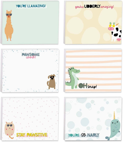 Cute Animal Pun Sticky Note Pads, 4" x 3", Set of 6 Pads, 50 Sheets Per Pad, Trendy Gift Idea