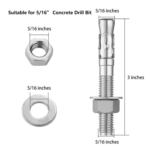 30 PCS 5/16 x 3" Standard Fasteners, Heavy-Duty 304 Stainless Steel Wedge Anchors for Cement and Concrete