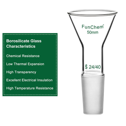 Glass Short Stem Powder Funnel, O.D. 50 mm at Top, Durable Borosilicate Glass Filter with 24/40 Inner Joint