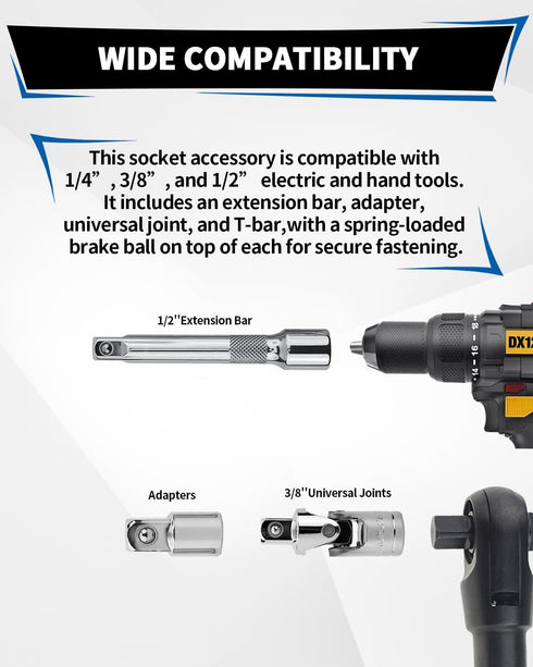 Acxetx 19 Set, 1/4", 3/8" 1/2" Piece Socket Extension and Drive Extension Bar, Universal Joint, Adapters and T-Bar
