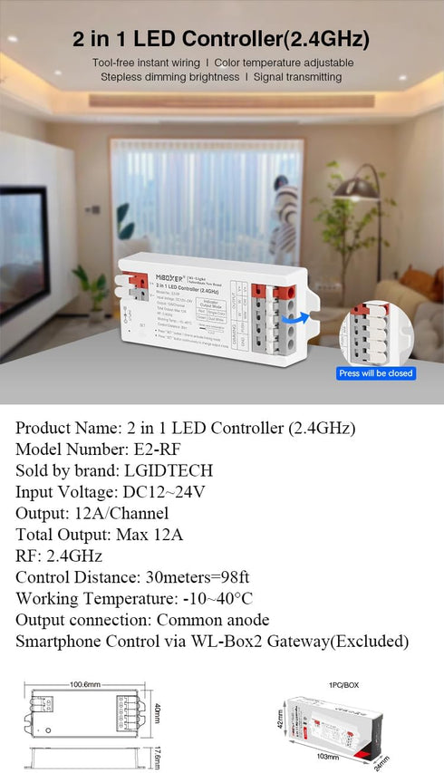 E2-RF 2 1 12-24V,Smartphone LGIDTECH Miboxer in LED Strip Light Controller with Tool-Free Wiring,Used for Normal Single