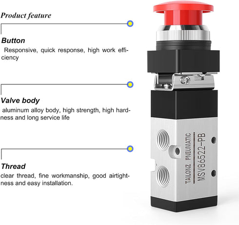 TAILONZ PNEUMATIC 1/4”NPT Push Button 5 Way 2 Position Automatic Reset Pneumatic Control Mechanical Valve