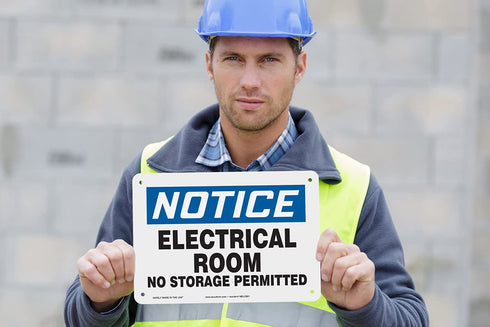 Accuform MELC801VP Plastic Safety Sign, Notice Electrical Room NO Storage Permitted", 7" Length x 10" Width x 0.055" Thickness, Blue/Black on White