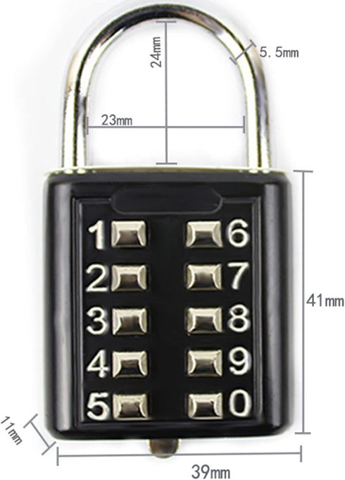 ZENG 10-Digit Push Button Padlock, Unchangeable 5-Digit Combination Lock with Hardened Steel Shackle, Black 2 Pack