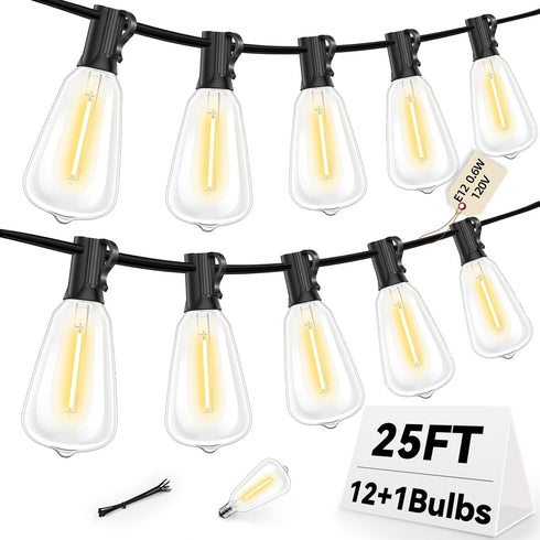 Hobbynors ST38 Outdoor String Lights 25FT with 12+1 LED Bulbs, E12 Socket, Waterproof