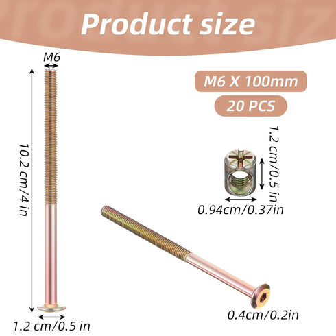 DOPENSPI 20PCS M6 100mm X Bunk Bed Bolts, Crib Screws Replacement Hex Drive Socket Furniture Barrel Screws Barrel Bolt