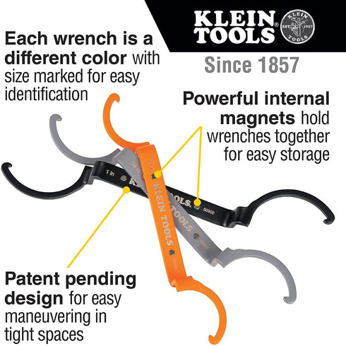 Klein Tools 50900R Conduit Lockout Wrench Set, Tighten and Loosen Locknuts in Tight Spaces, 1/2, 3/4 and 1-Inch, Offset Bends, 3-Piece by Klein Tools