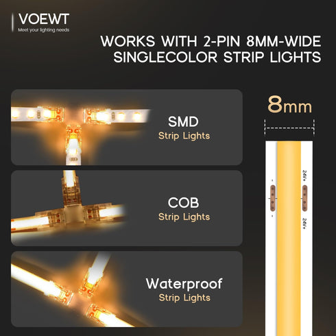6 Pack 2-Pin 8mm 12/24V Led Strip Light T-Shaped Corner Connectors,Unwired Clips Transparent Solderless No Dark Area