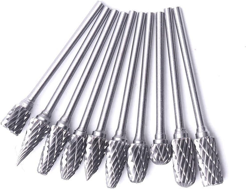 ATOPLEE 10pcs Carbide Burr Set, 2.35mm Shank Tungsten Steel Double Cut Rotary Tool for Woodworking, Drilling, Metal