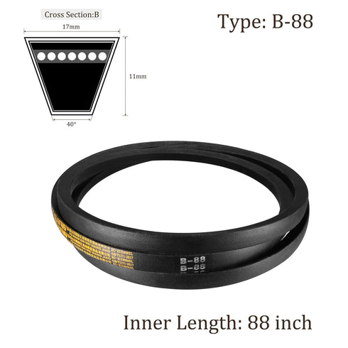 B-88 V-Belts - 88" Inner Length x 17mm Width x 11mm Thickness, B-Section Rubber Drive Belt for Power Transmission