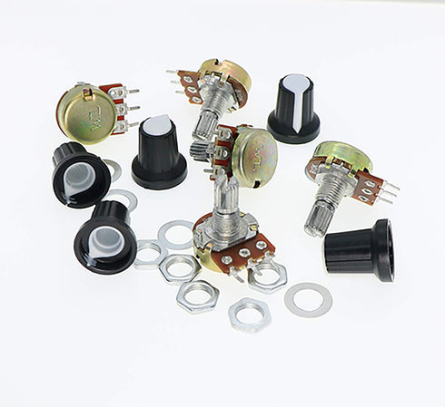 Potentiometer Kit with 1K to 1M Ohm Knurled Shaft Linear Rotary Resistors, 45 Sets with Nuts and Knobs