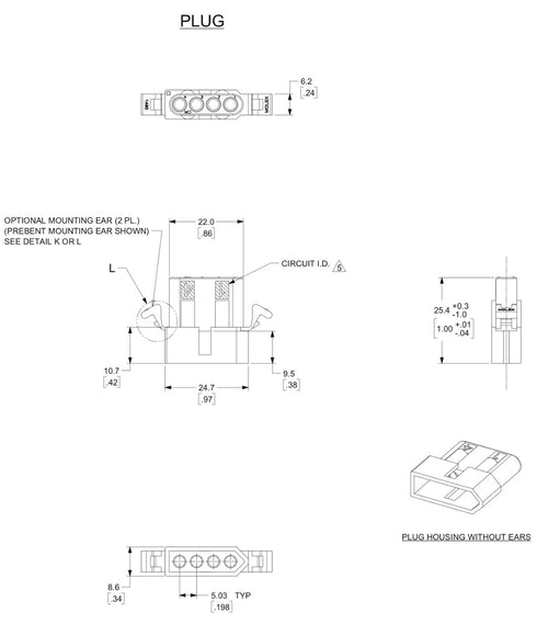 Molex 4-Circuits Connector with 14-20 AWG .093" Pins, Panel Mount (Pack of 3)