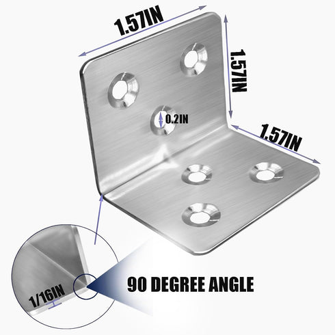 REDOVANT 20Pcs 1.6"x1.6"x1.6" 40MM 1.6In 90Degree Stainless Steel Angle Bracket, Heavy Duty L Brackets for Wood, Wide