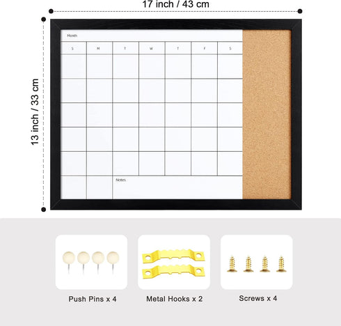 Dry Erase Board & Cork Board, Magnetic Surface Monthly Calendar Whiteboard & Bulletin Board, Combination Dry Erase Calendar for Wall, Decorative Black Wood Framed Memo Board(R-ZHYL-BK,4333) by Aitakatta